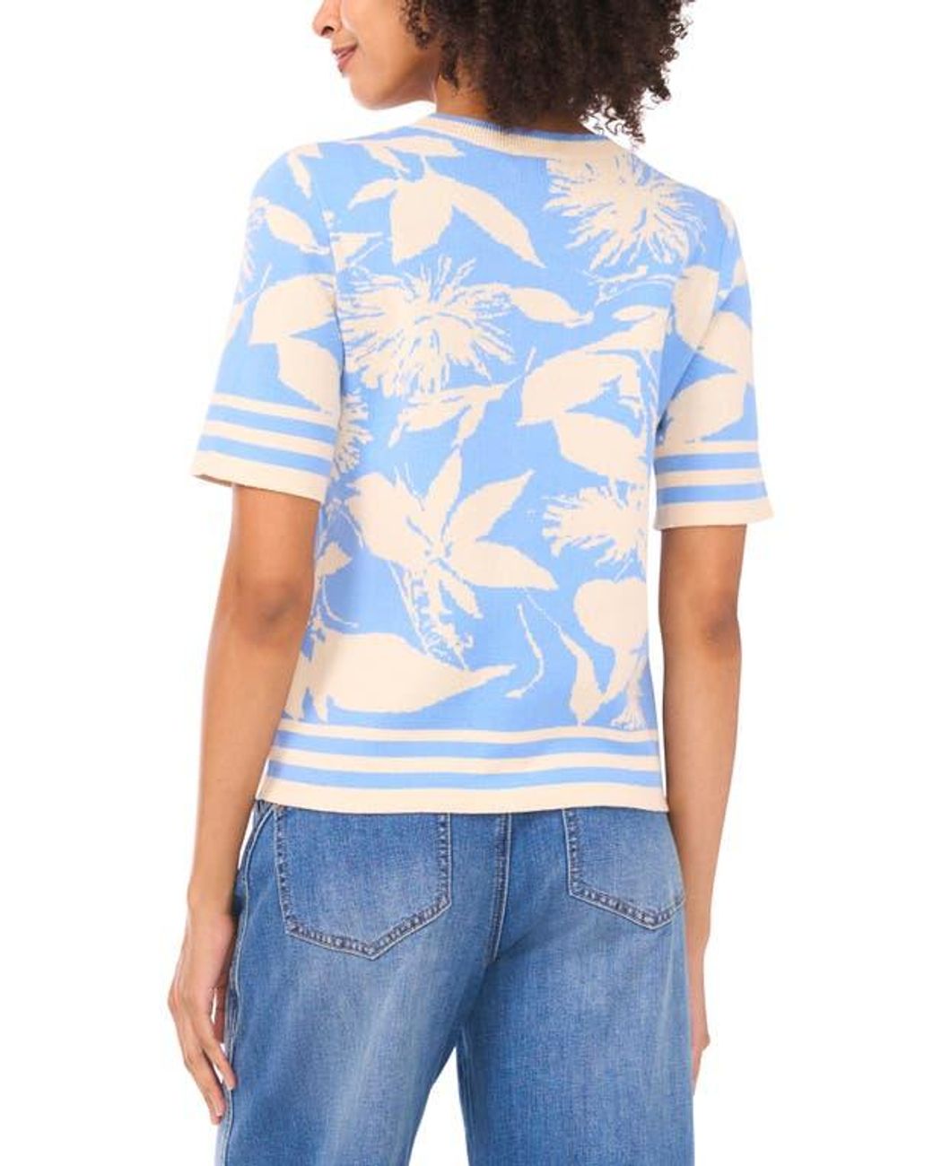 Vince Camuto White Floral Jacquard Cotton Sweater