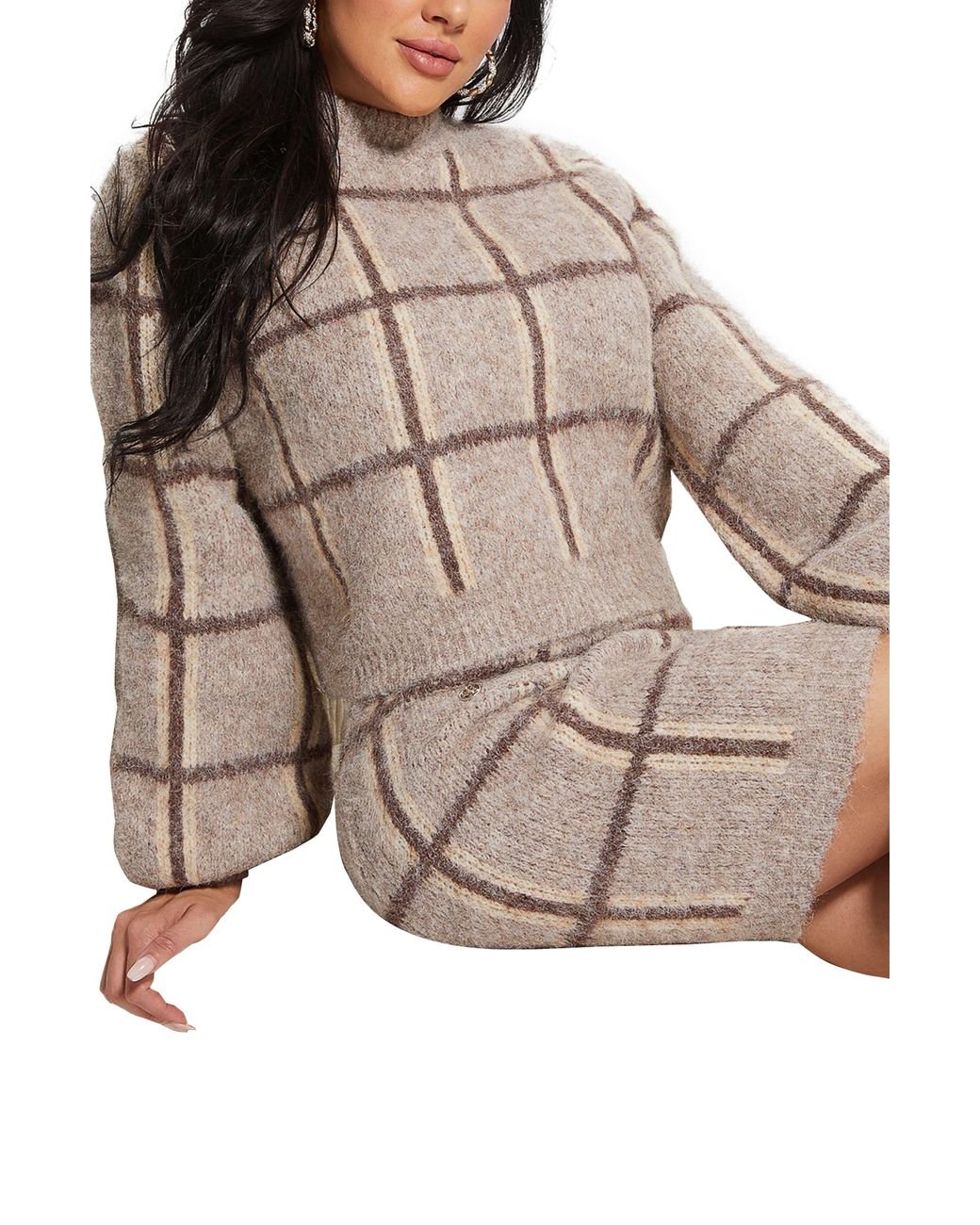 Guess Nadia Plaid Jacquard Sweater in Natural | Lyst