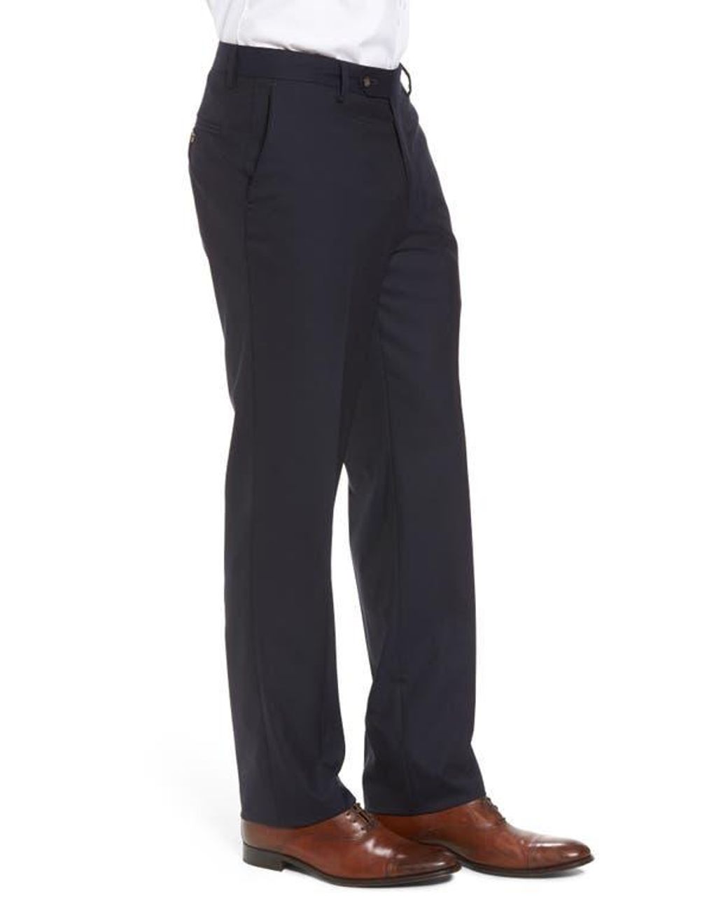 Berle Blue Flat Front Stretch Solid Wool Trousers for men