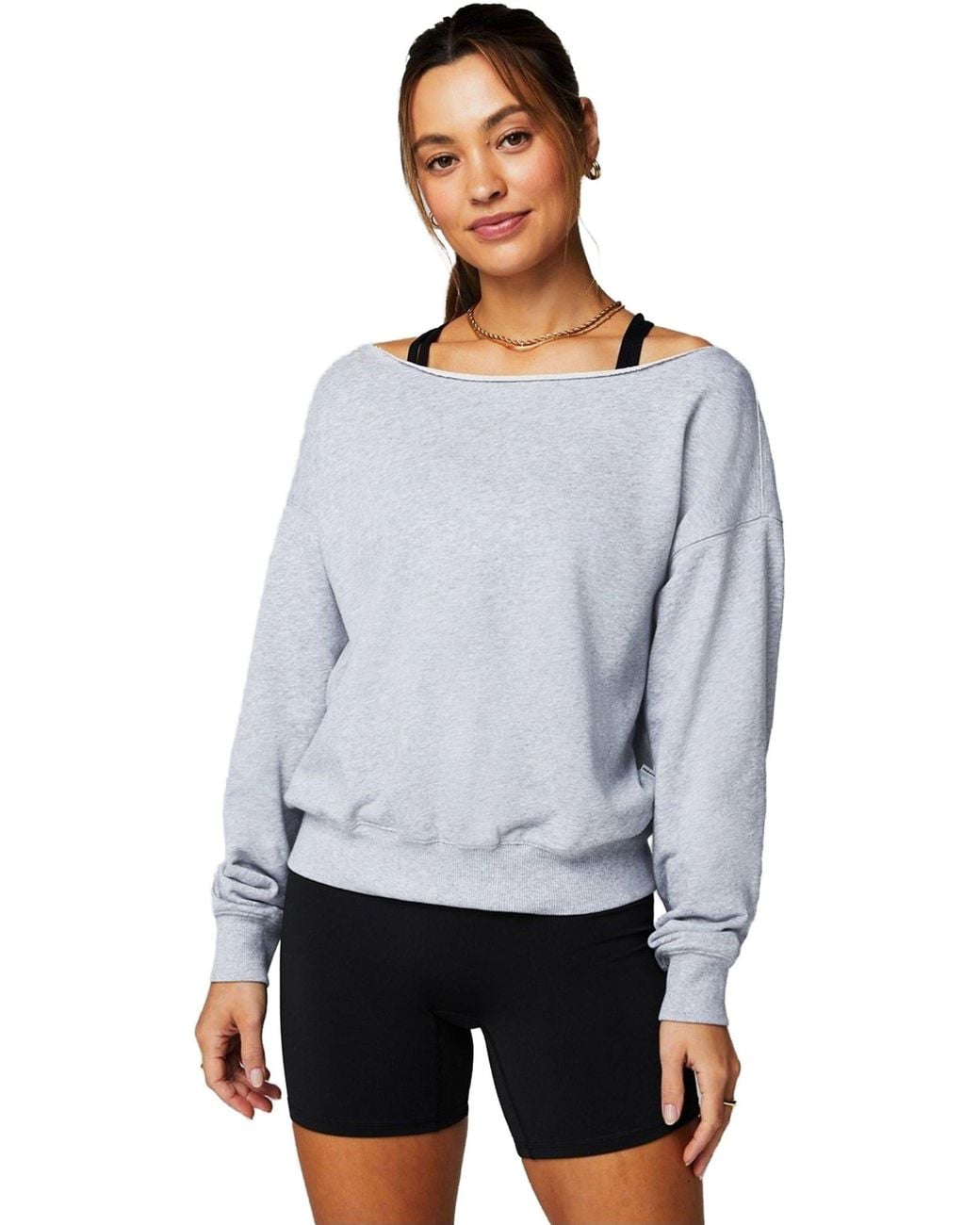 Fabletics Gray Year Round Terry Off Shoulder Sweatshirt