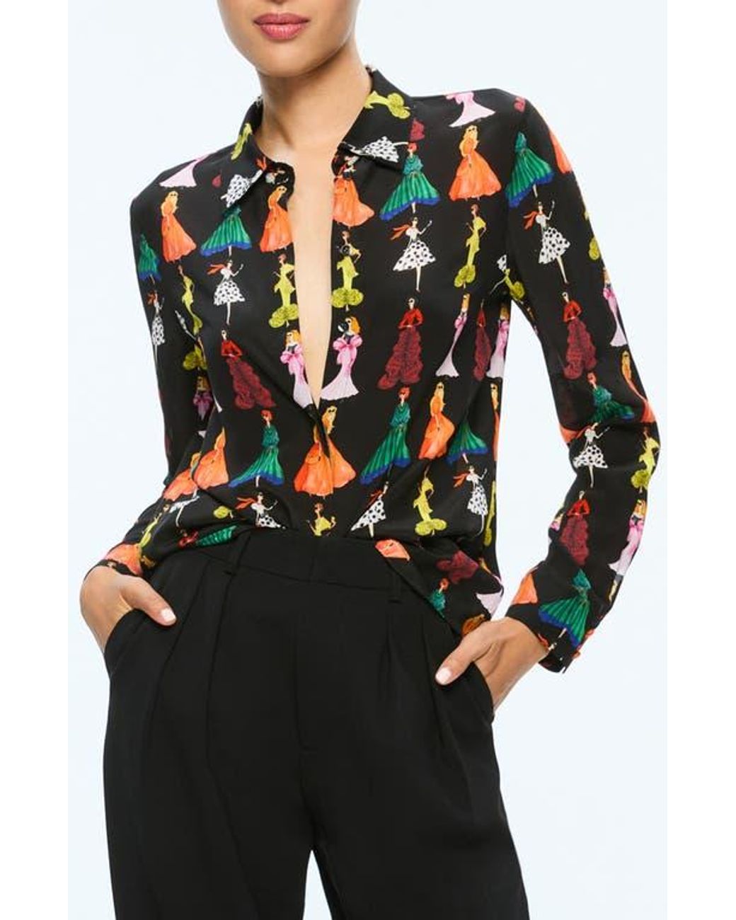 Alice+Olivia カラフルな幾何学模様の長袖シャツ 100%シルク Alice+Olivia カラフルな幾何学模様の長袖シャツ 100%シルク 【公式通販】