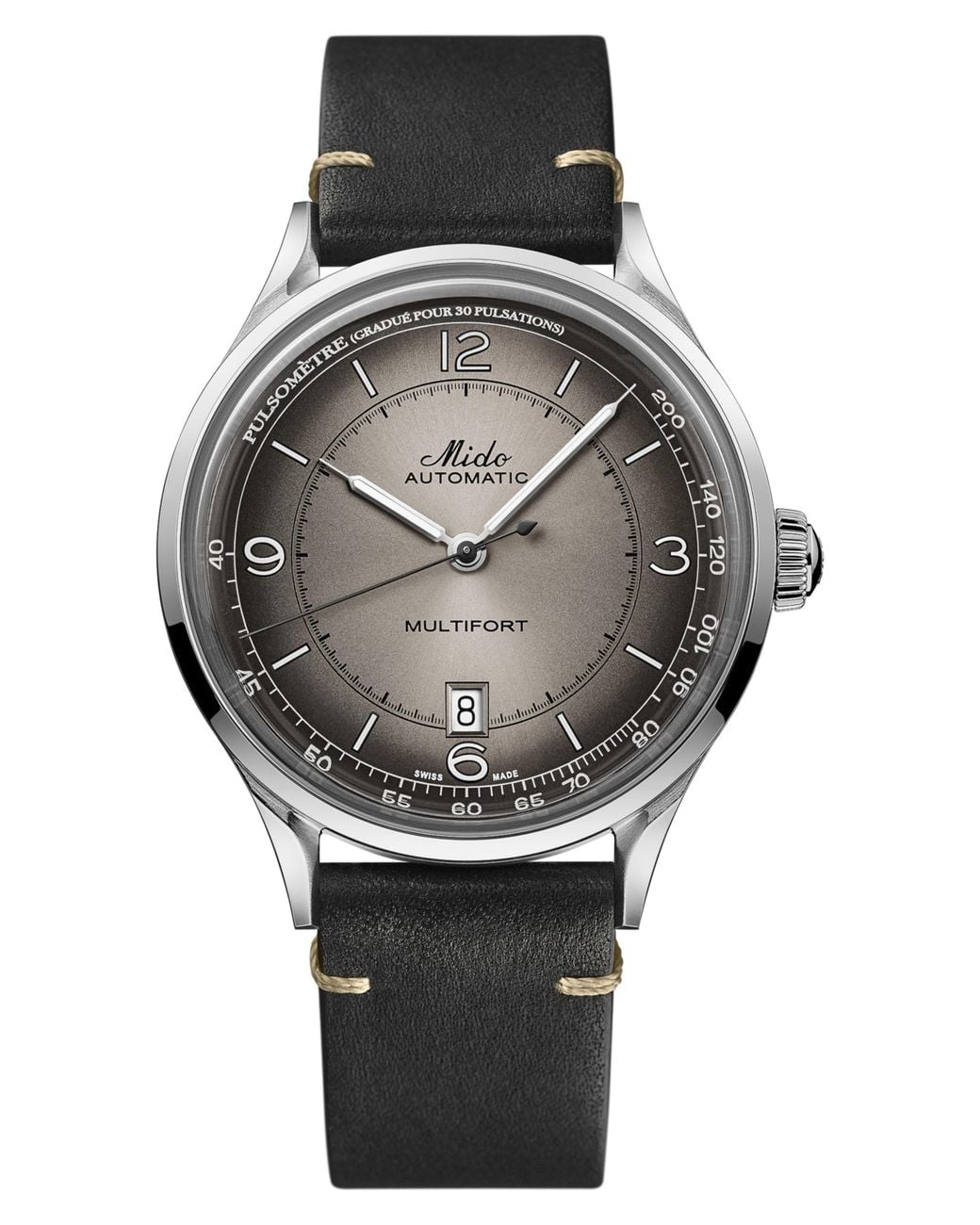 MIDO Gray Multifort Pulsemeter Automatic Leather Strap Watch, 40Mm