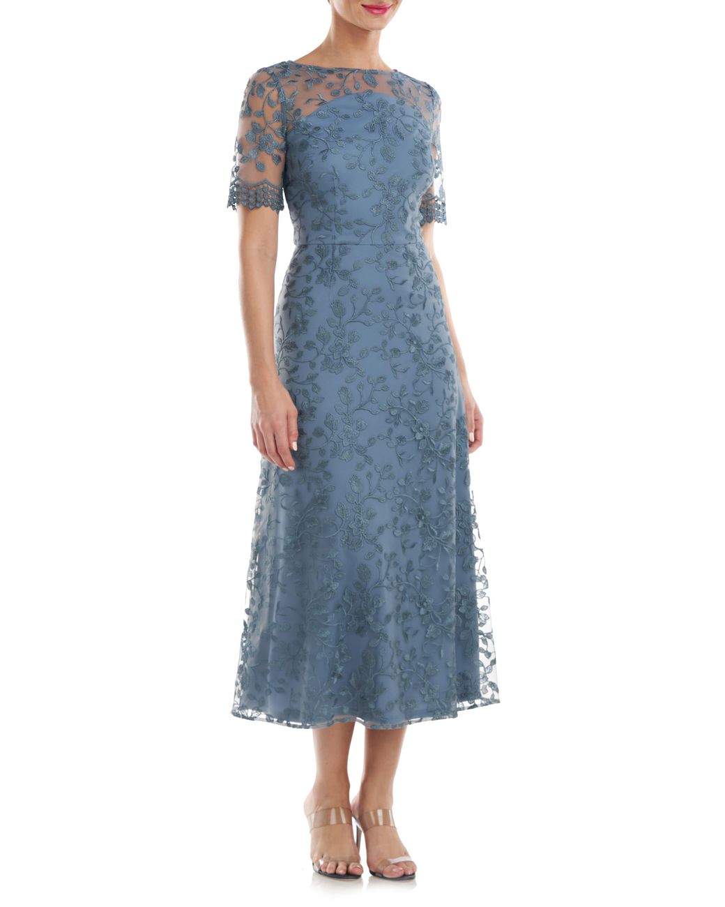 JS Collections Theresa Embroidered Floral Midi A line Dress in