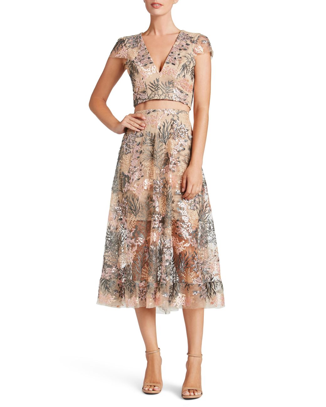Dress the Population Audrey Spaghetti Strap Midi A-line 3d Floral Dress in  Pink | Lyst