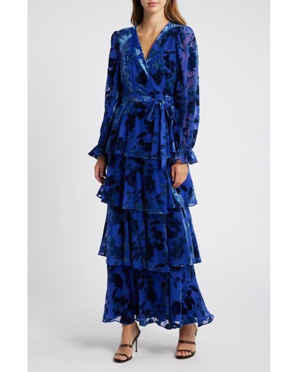 Hutch Long Sleeve Velvet Burnout Maxi Wrap Dress in Blue | Lyst