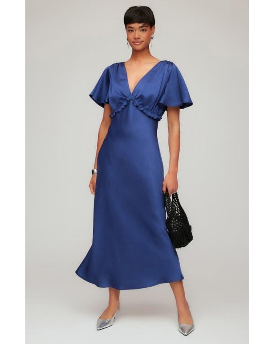 Fifteen Twenty Shailene Satin Flutter Sleeve Midi Dress in Blue | Lyst