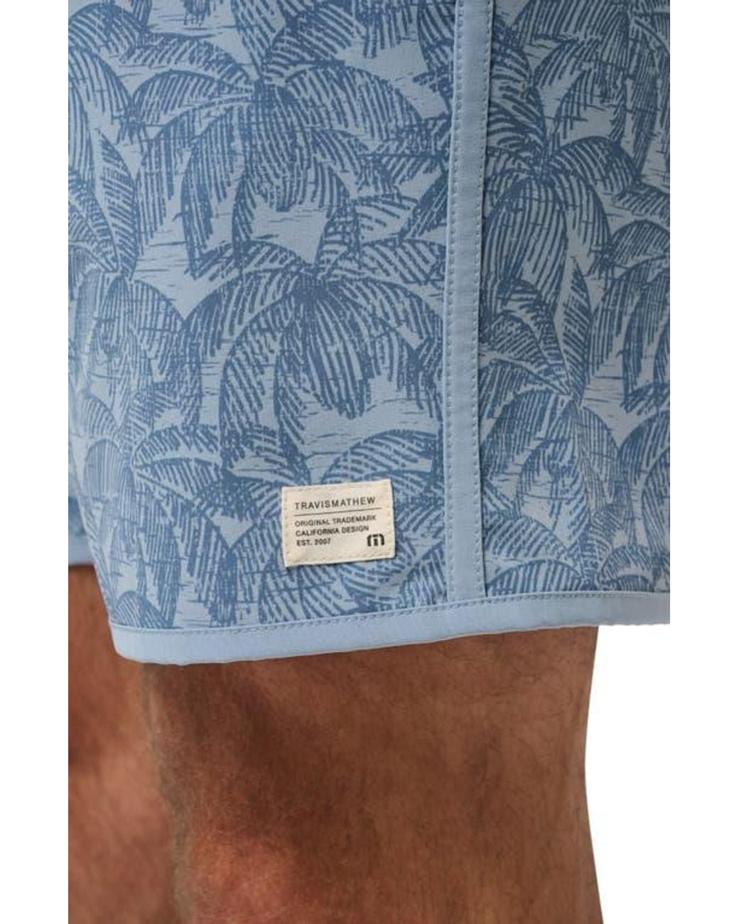Travis Mathew Blue Tidal Whisper Palm Tree Print Swim Trunks for men