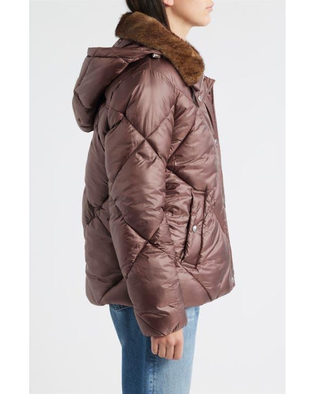 Sam Edelman Jacket Sam Edelman Diamond Quilted Puffer Jacket With Faux Fur Hood in Brown ...