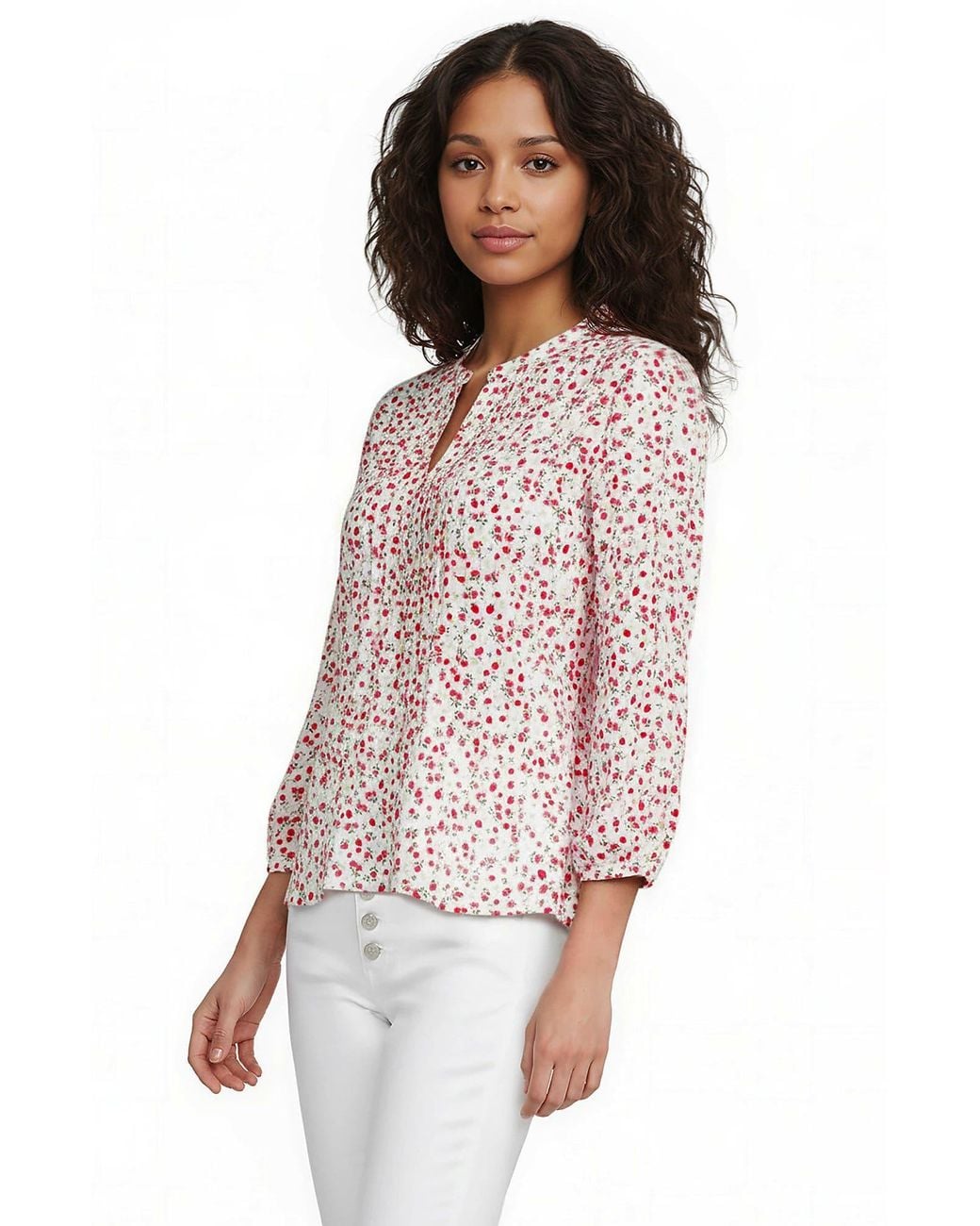 Lands' End Red Plus Size Lightweight Jersey Button Pintuck Top