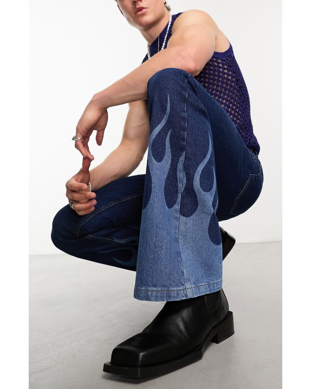 ASOS Flame Print Rigid Flare Leg Jeans in Blue for Men Lyst