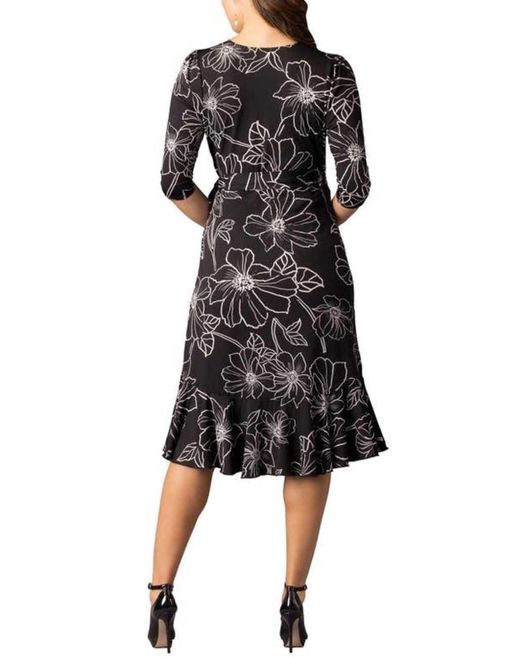 Kiyonna Black Flirty Flounce Midi Wrap Dress With 3/4 Sleeves
