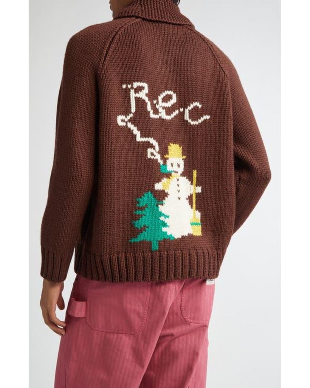 Bode Brown Fir Shawl Collar Wool Zip Cardigan for men