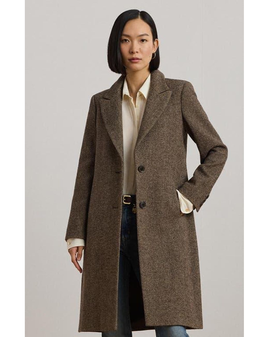 Ralph Lauren Wool Blend Tweed Coat in Black | Lyst