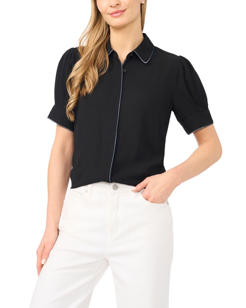 Cece Black Contrast Tipped Georgette Button-Up Top