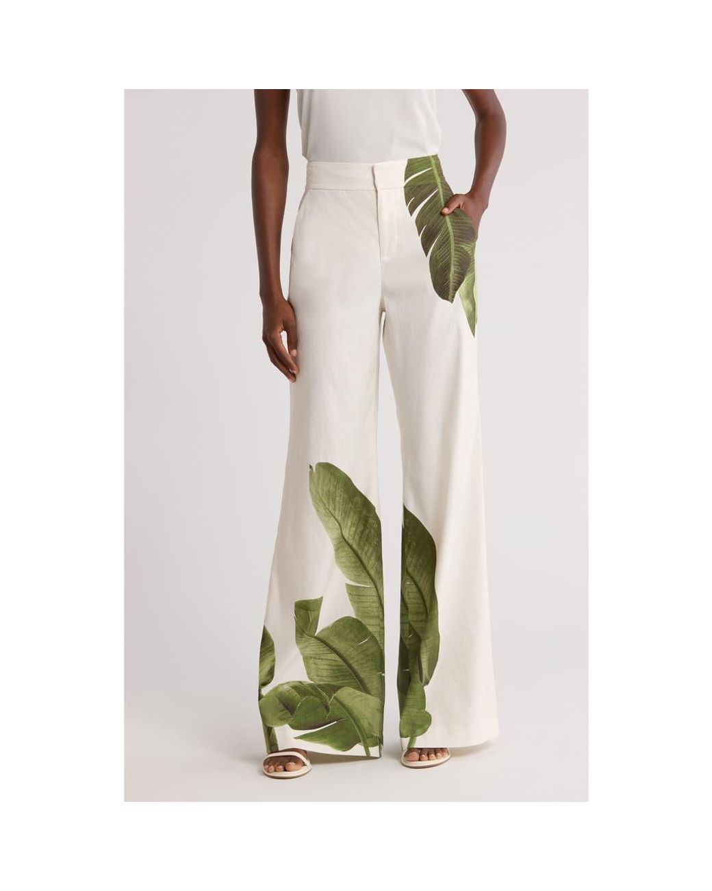 Alice + Olivia Dylan Placed Palm Leaf Print Wide Leg Linen Blend