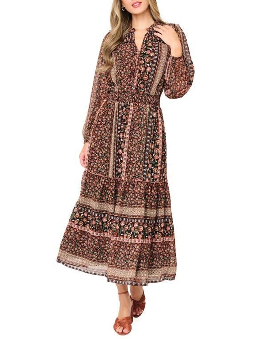 Gibsonlook The Leyla Floral Print Long Sleeve Maxi Dress in Brown | Lyst