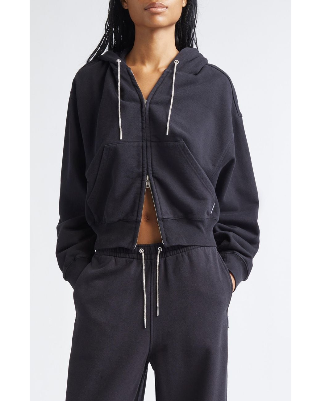 Alexander Wang Black Rhinestone Drawstring Zip Hoodie