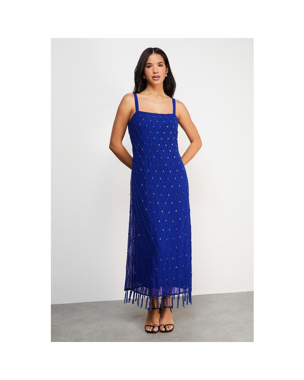 Warehouse Blue Hand Embellished Fringe Hem Midi Dress