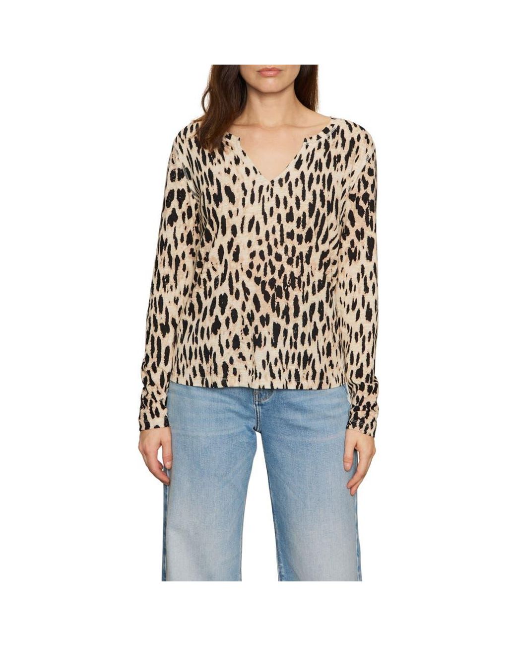 Sanctuary Black Print Split Neck Knit Top