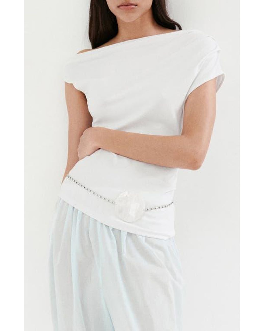 Mango White Ruched One-Shoulder Top