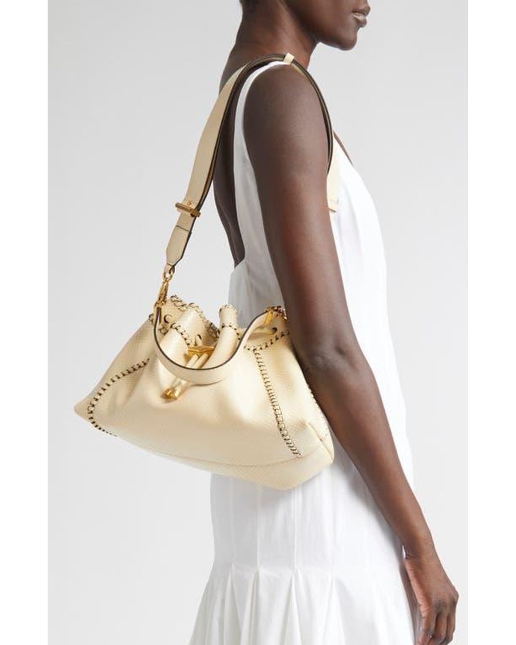 Jimmy Choo Bon Bon Fringe East/West Bucket Bag in Natural | Lyst
