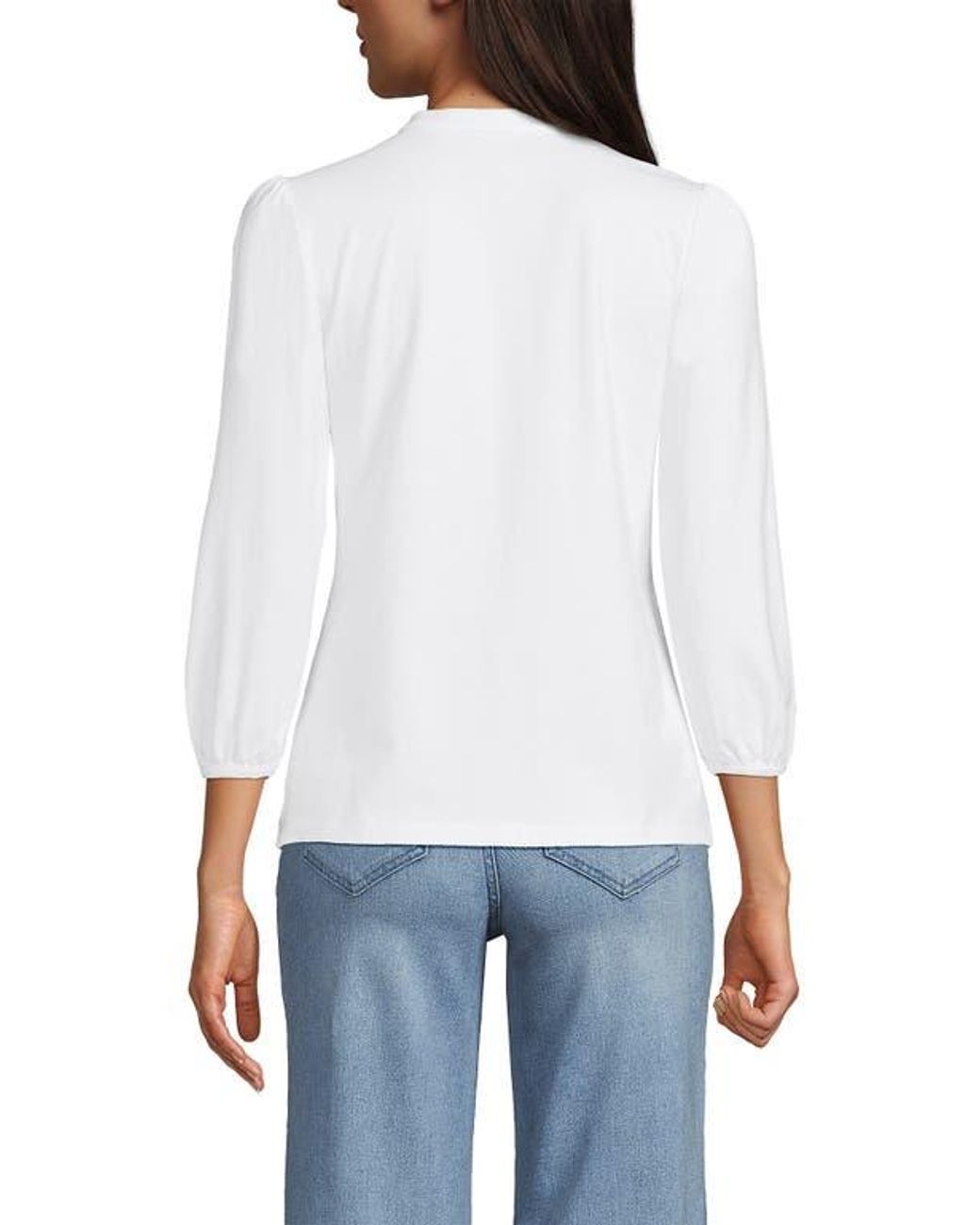 Lands' End White Plus Size Lightweight Jersey Button Pintuck Top