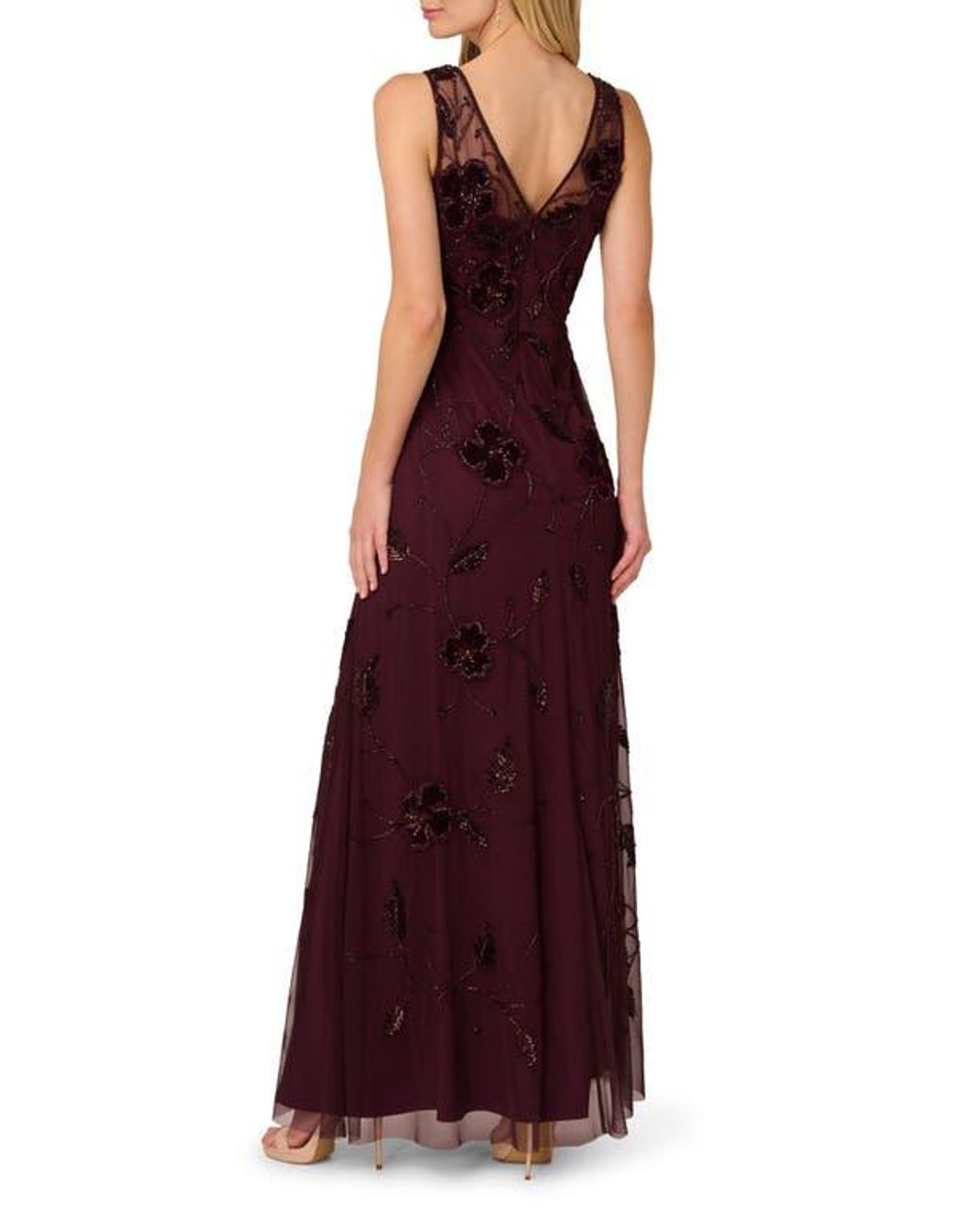Adrianna Papell Bead Velvet Flower Long Dress in Red