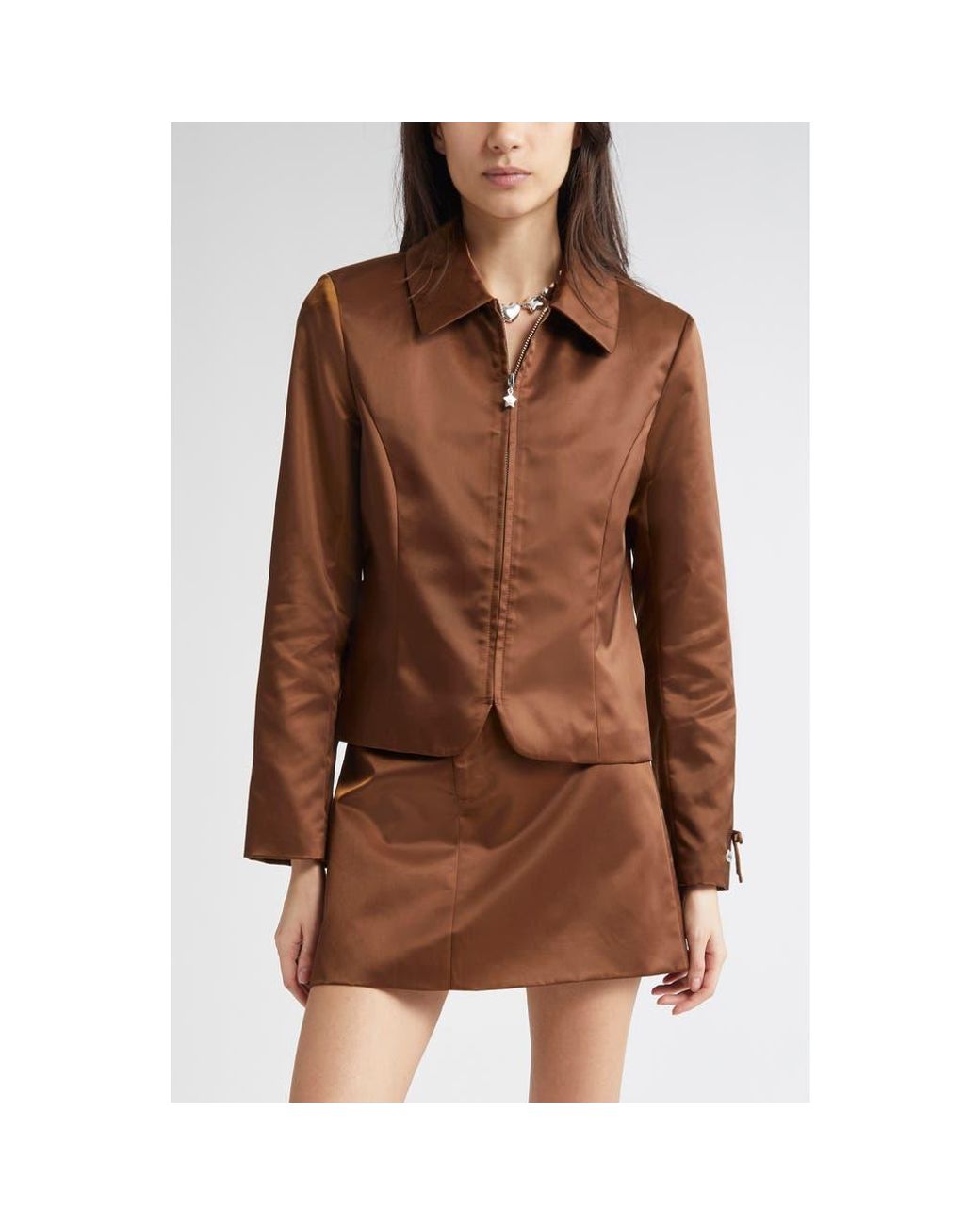 Sandy Liang Annecy Satin Jacket in Brown | Lyst