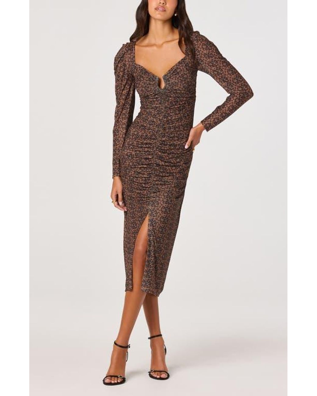 Astr Long Sleeve Ruched Mesh Midi Dress in Brown | Lyst