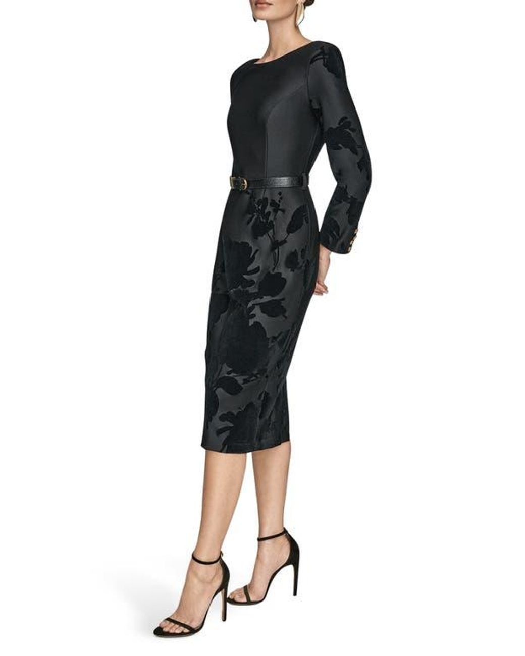 Donna Karan Velvet Floral Belted Long Sleeve Sheath Dress in Black | Lyst