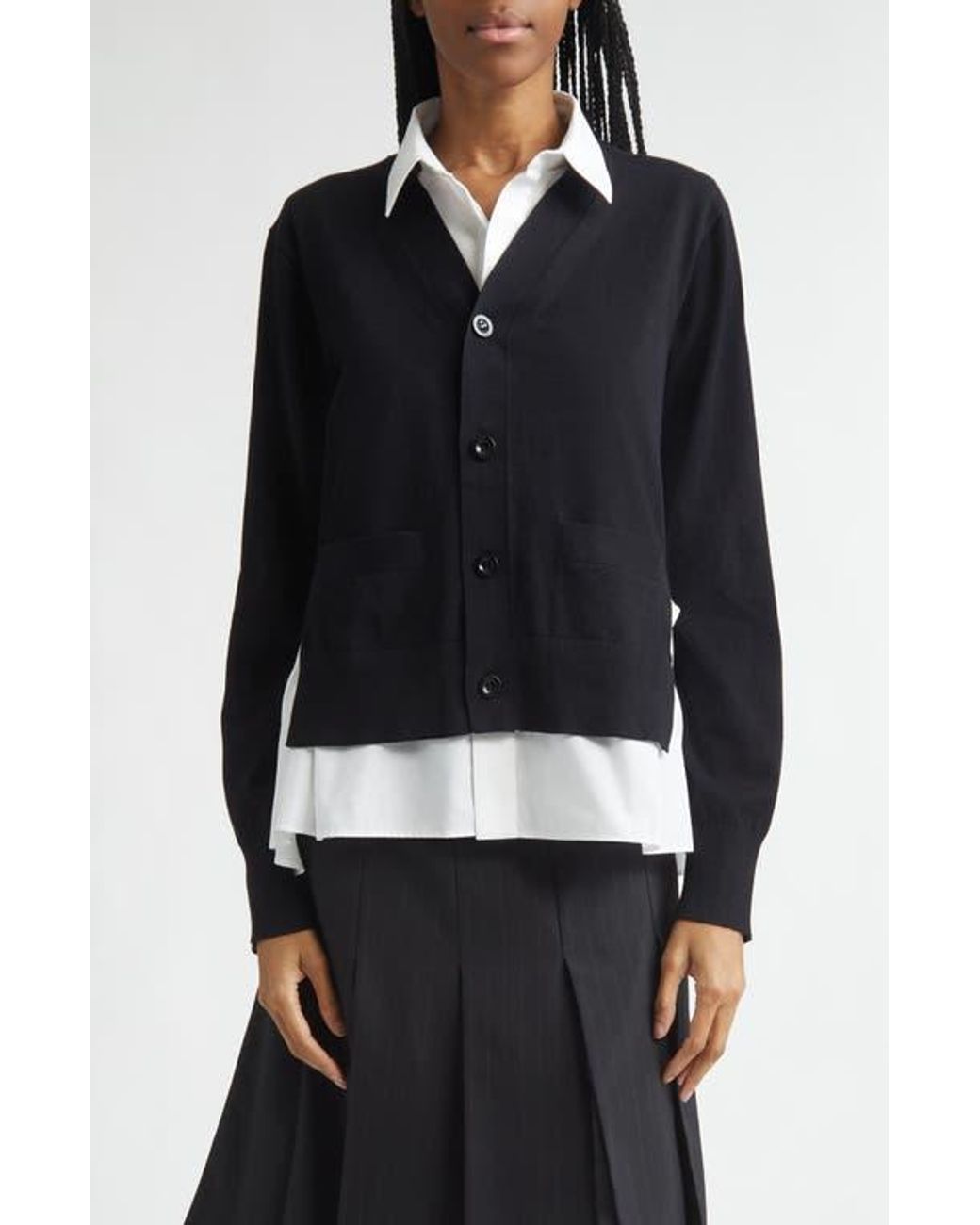 Sacai Mixed Media Poplin & Knit Cardigan in Blue | Lyst