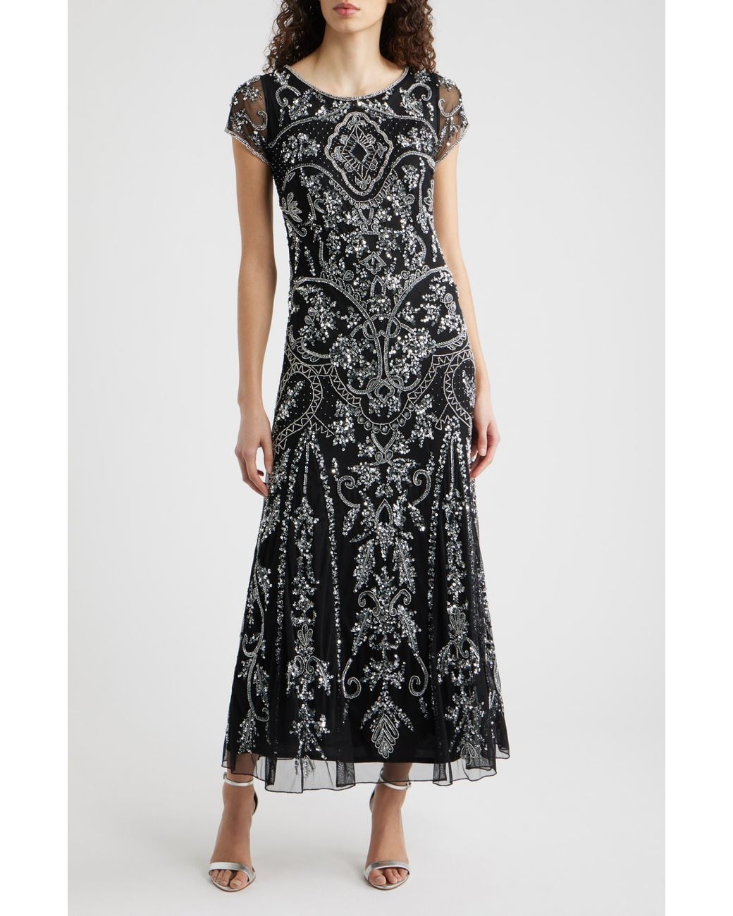 Pisarro Nights Beaded Mesh Midi Cocktail Dress in Black