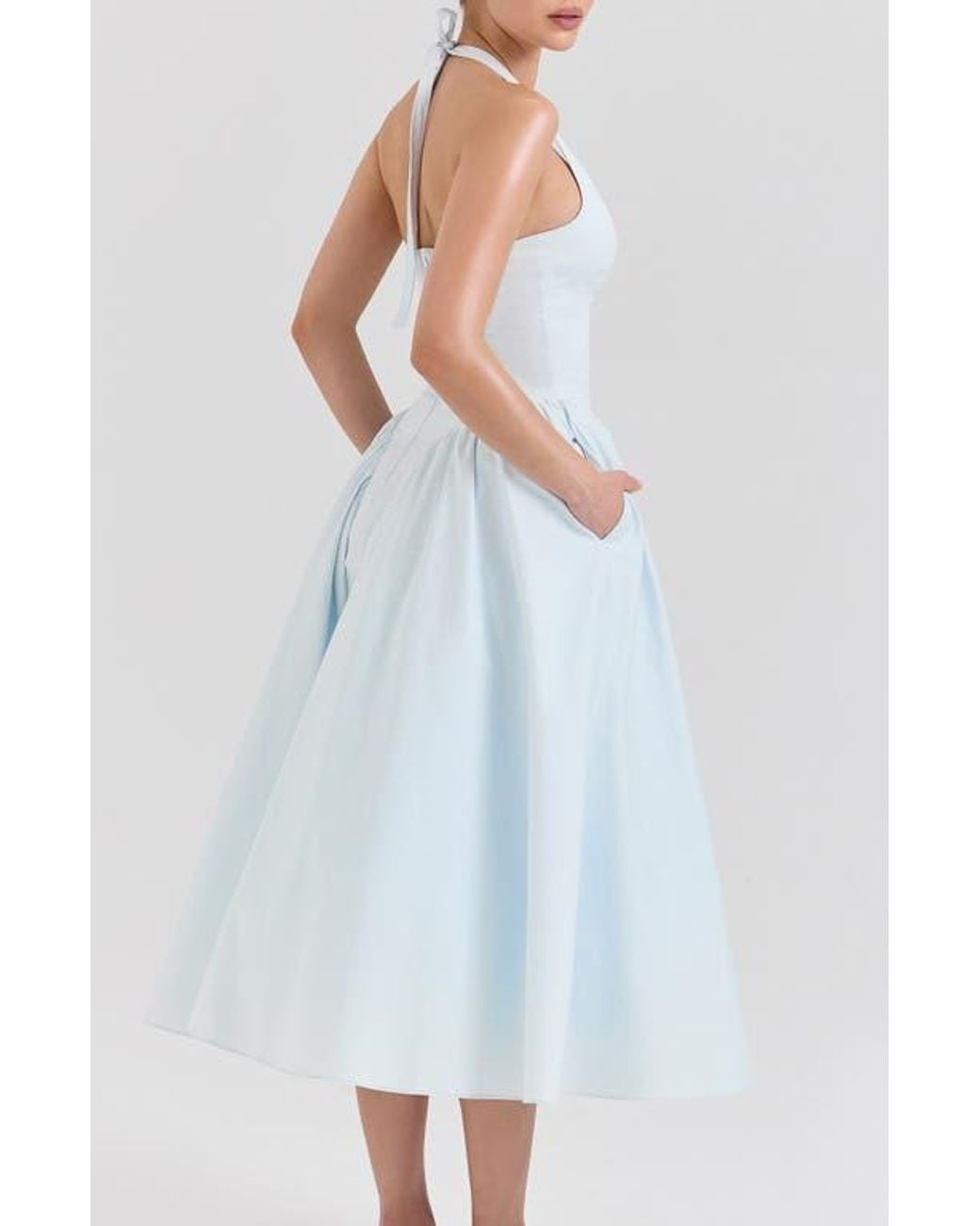 knee length dresses for ladies Marilyn Cream And Blue Floral Tie Halter Neck Midi Dress main image 1
