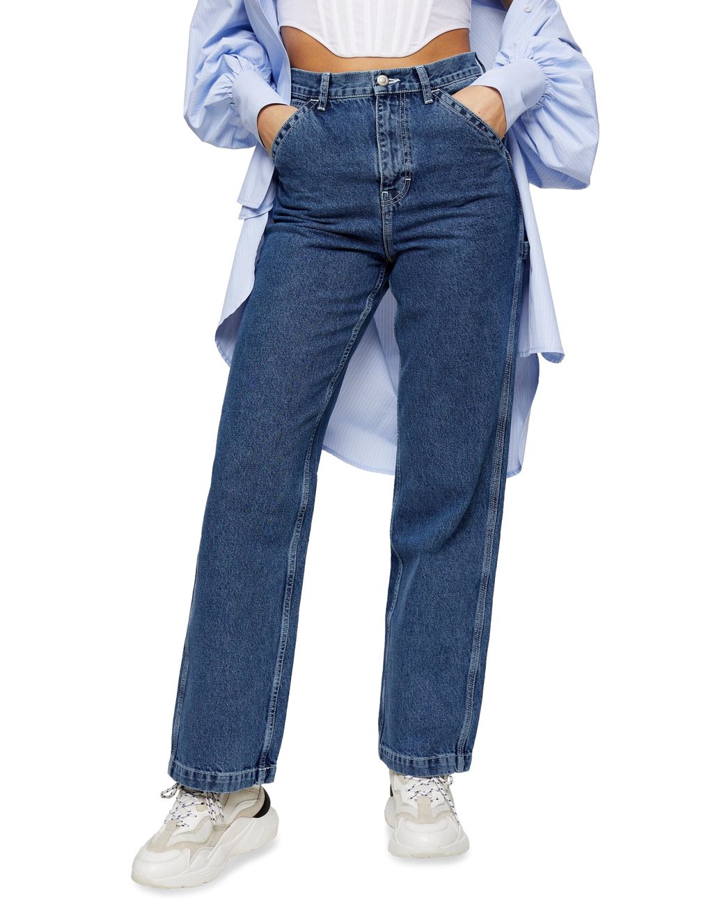 TOPSHOP Denim Carpenter Straight Leg Mom Jeans in Mid Denim (Blue) - Lyst