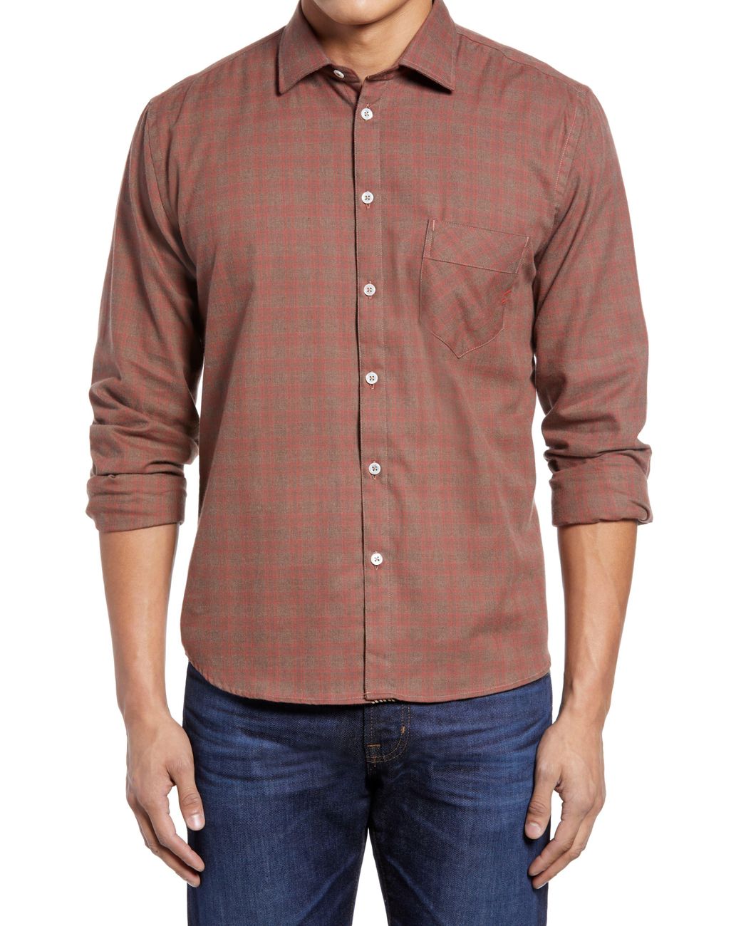 brown and red button shirt