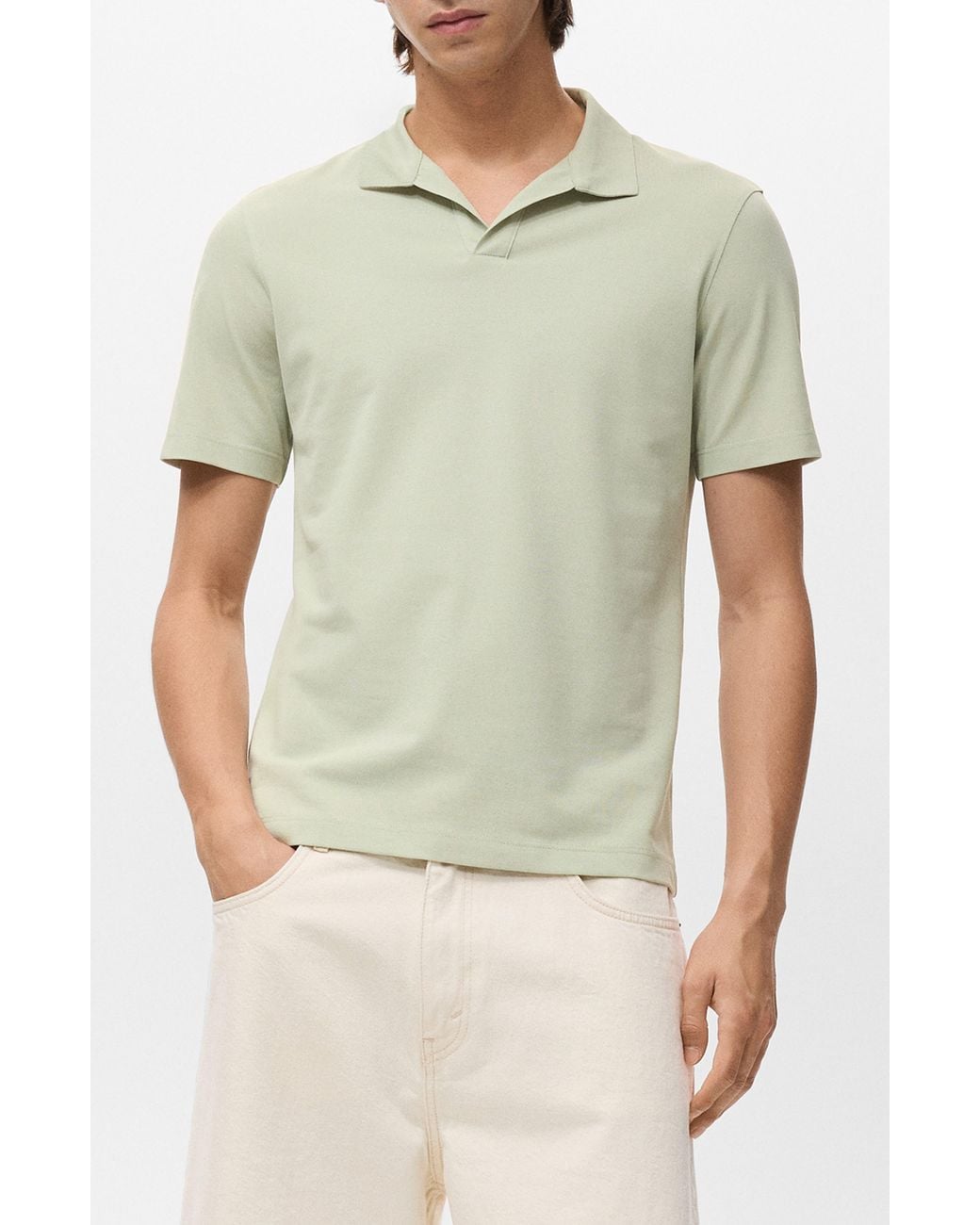 Mango Green Solid Johnny Collar Cotton Blend Piqué Polo for men