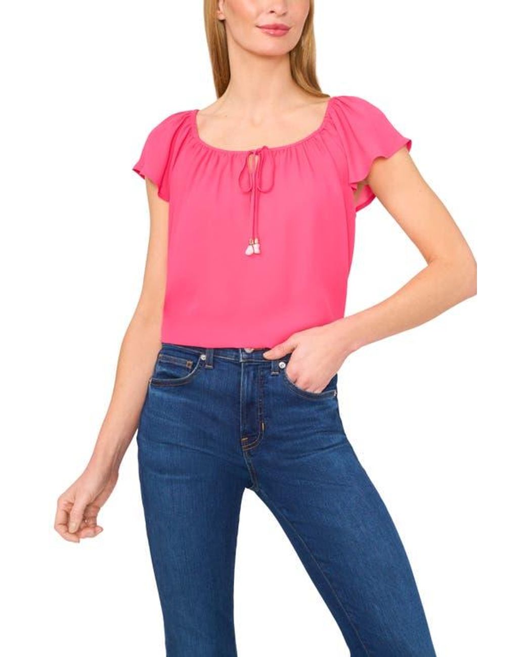 Cece Pink Scoop Neck Flutter Sleeve Top