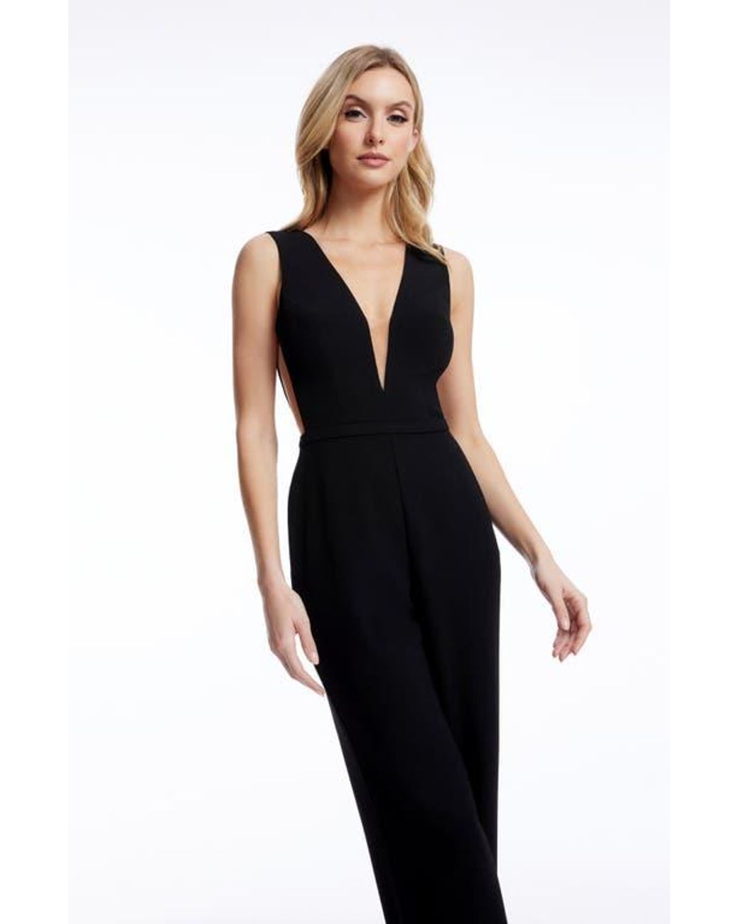 Dress the Population Katrina Plunge Neck Sleeveless Jumpsuit in Black | Lyst