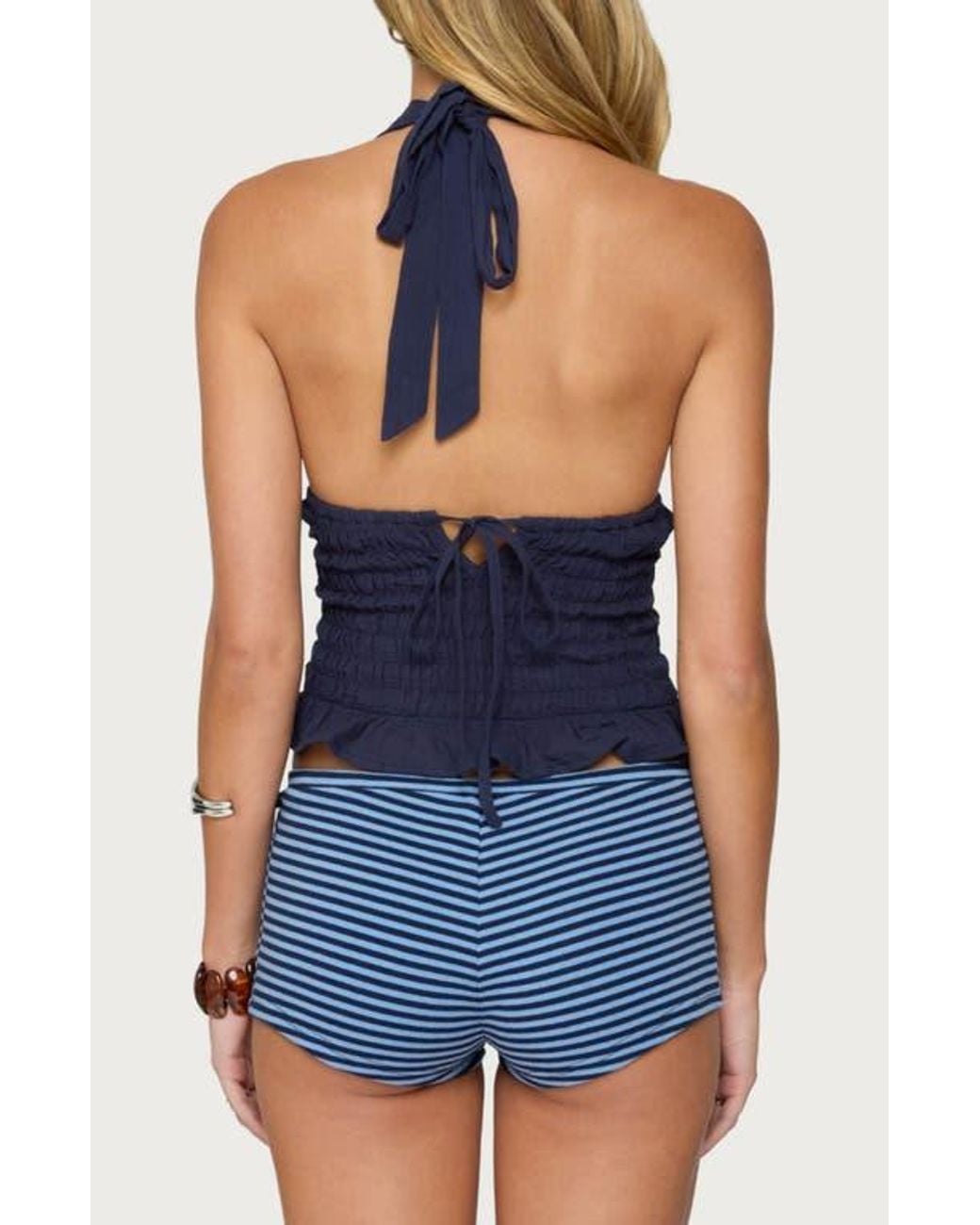 Edikted Larissa Smocked Cotton Halter Top in Blue | Lyst