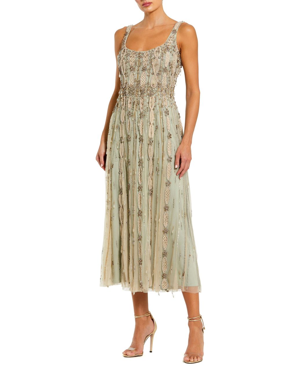 green embellished mesh sleeveless scoop neck midi dress Mac Duggal Cocktail in Material1: ribbed_knit