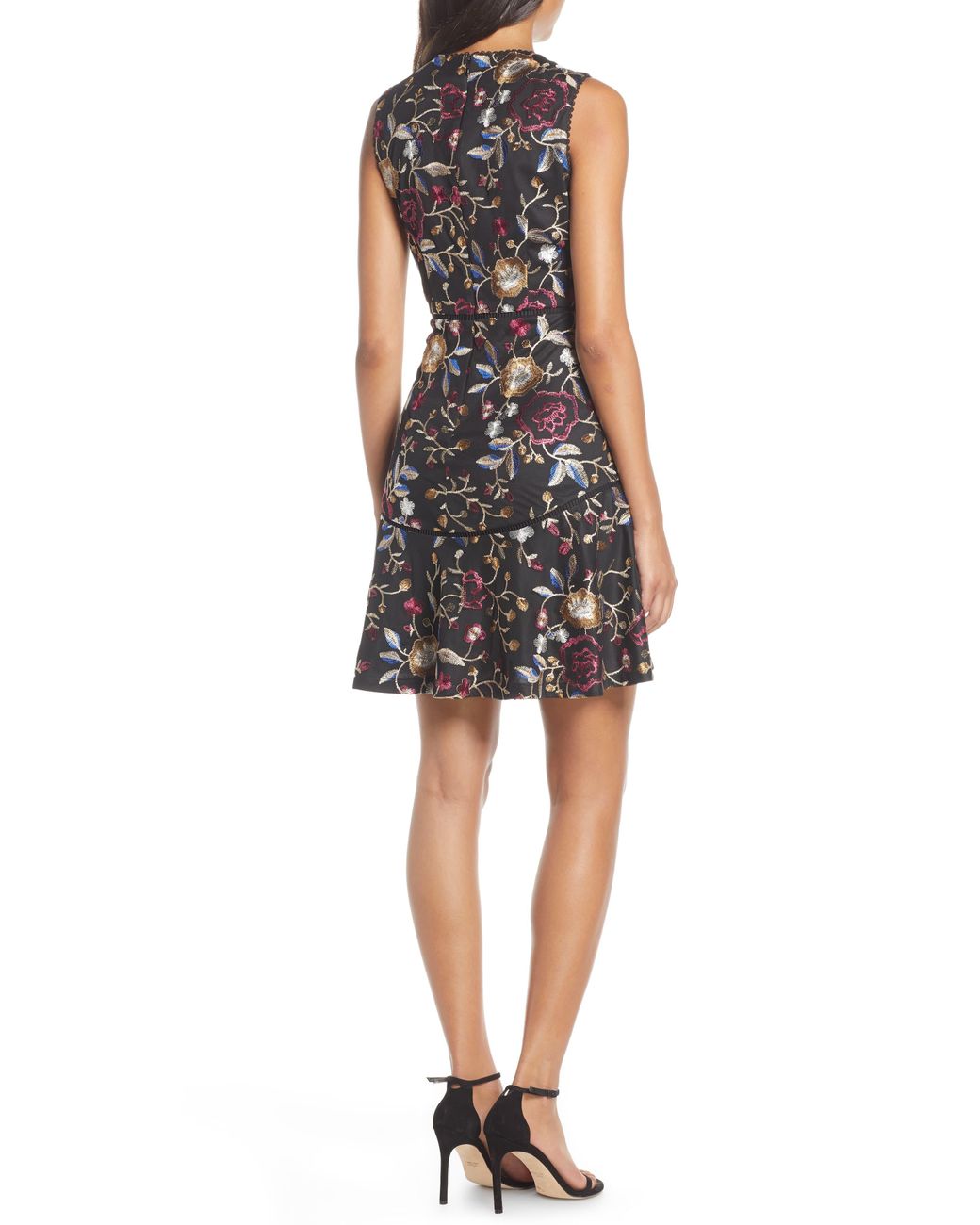 vince camuto embroidered fit and flare dress