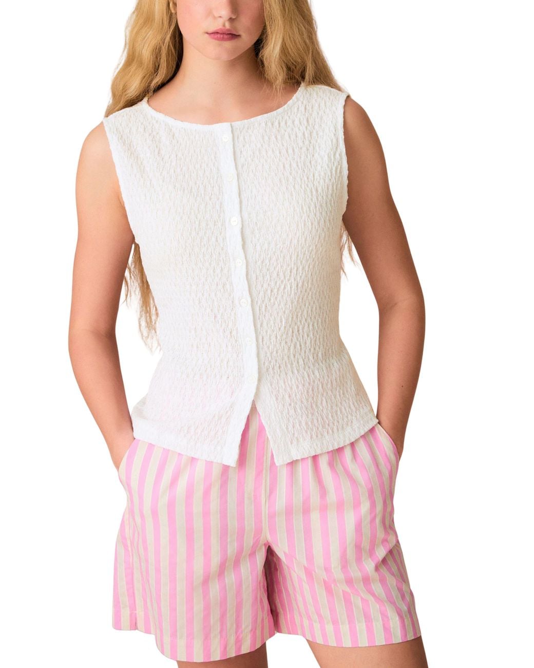 Next White Textured Sleeveless Button-Front Top