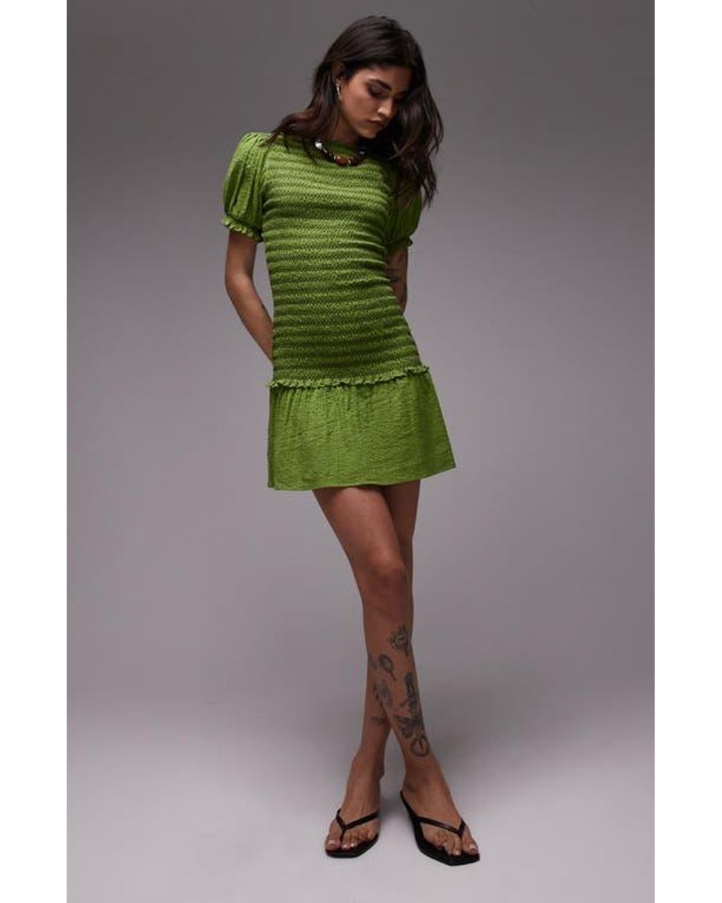 topshop green mini dress Shirred With Contrast Stitch in Regular-Fit-Relaxed