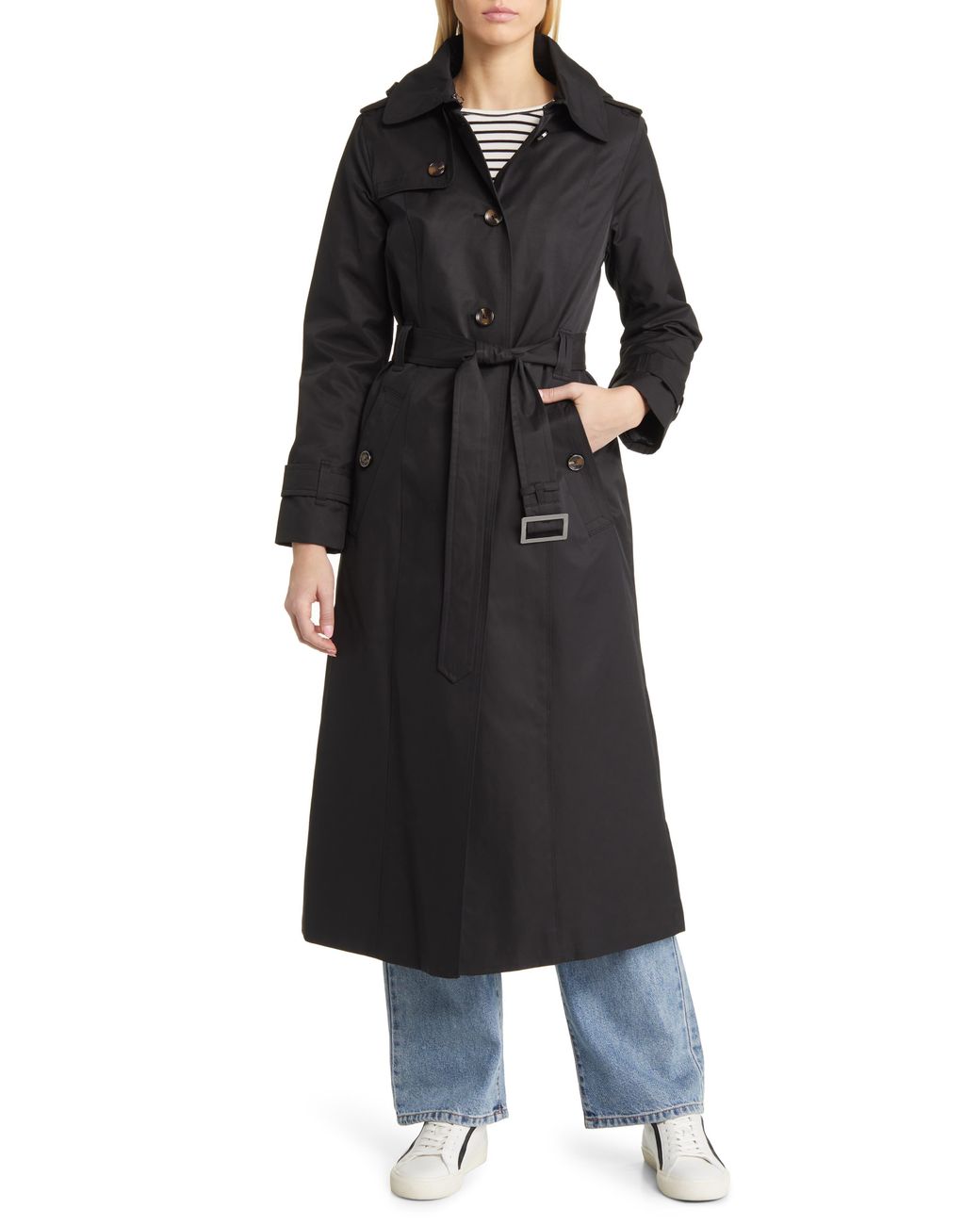London Fog Missy Single Breasted Hooded Trench Coat in Black | Lyst