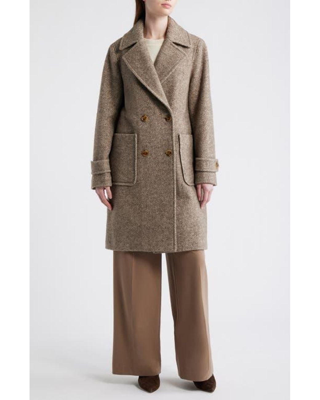 BCBGMAXAZRIA Natural Double Breasted Wool Blend Herringbone Coat