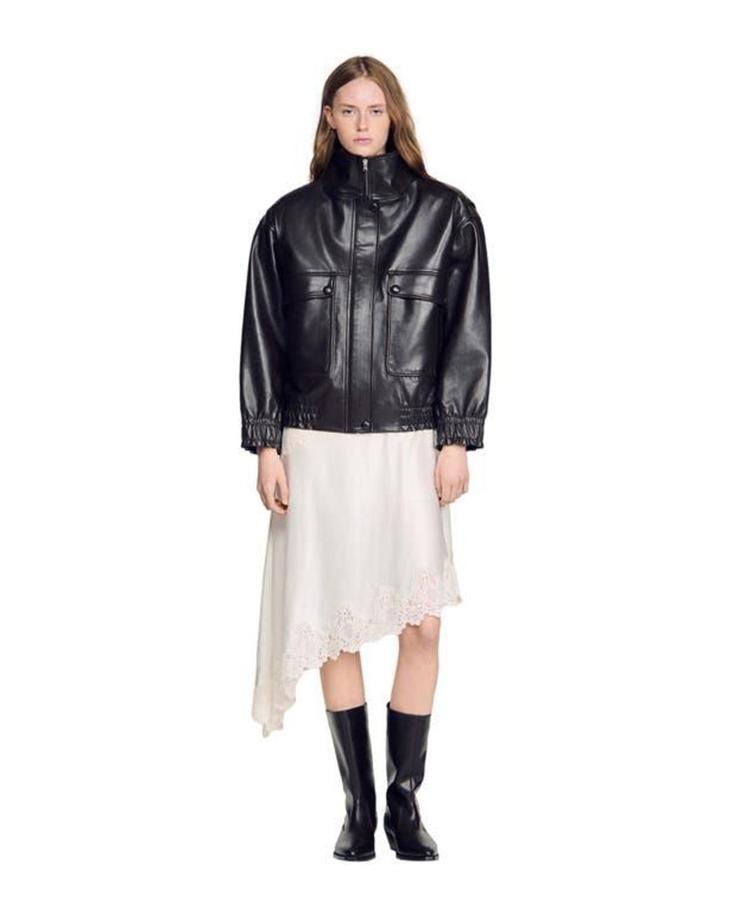 Sandro Black Standing Collar Leather Jacket