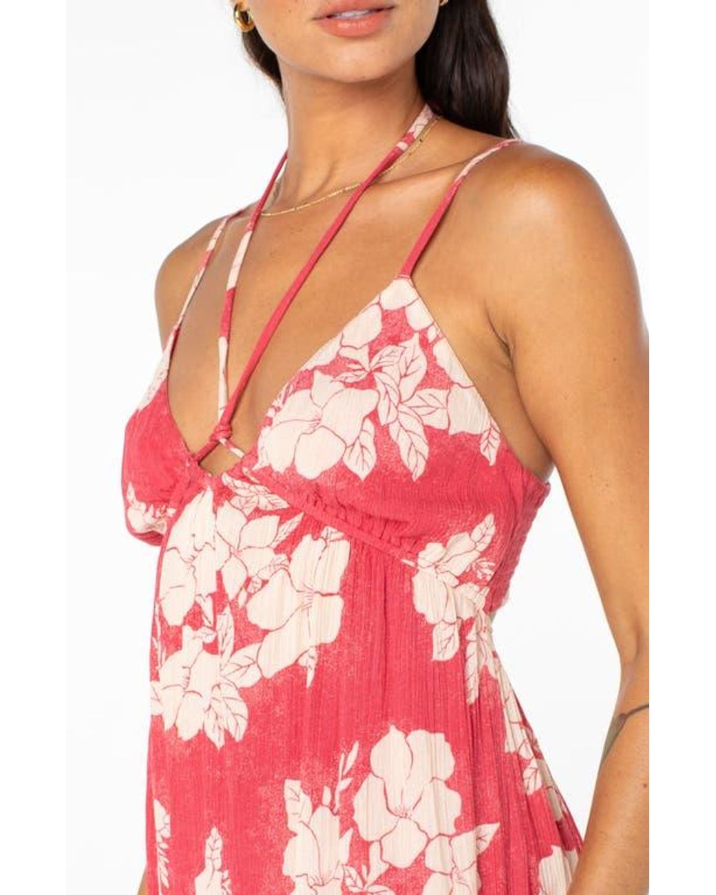 Roxy Sunshine Crush Floral Halter Strap Minidress in Red | Lyst