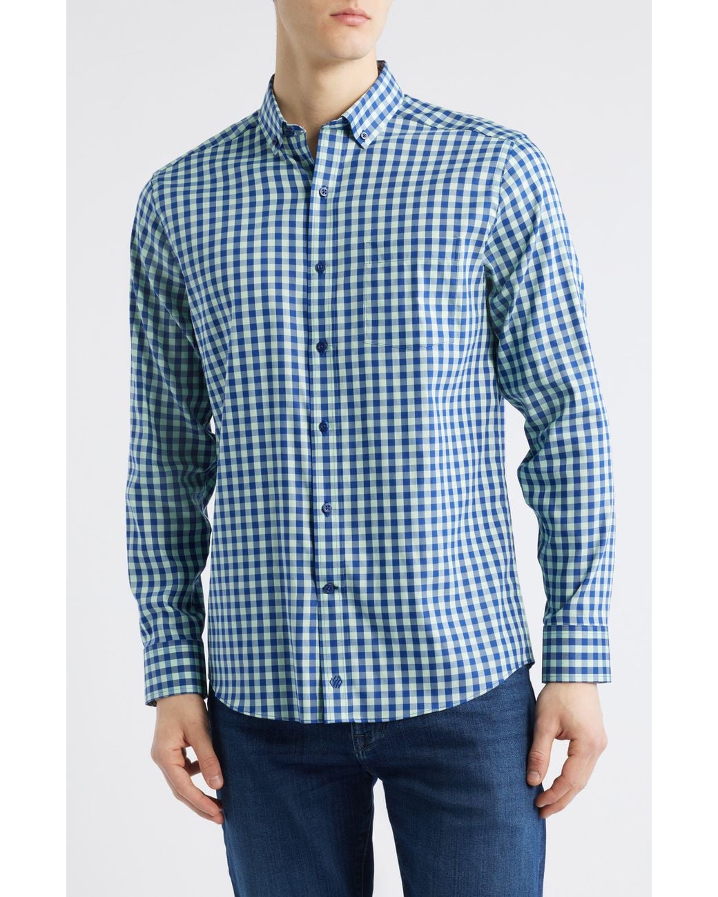 Johnston & Murphy Blue Xc4 Two-Tone Gingham Performance Button-Down Shirt for men