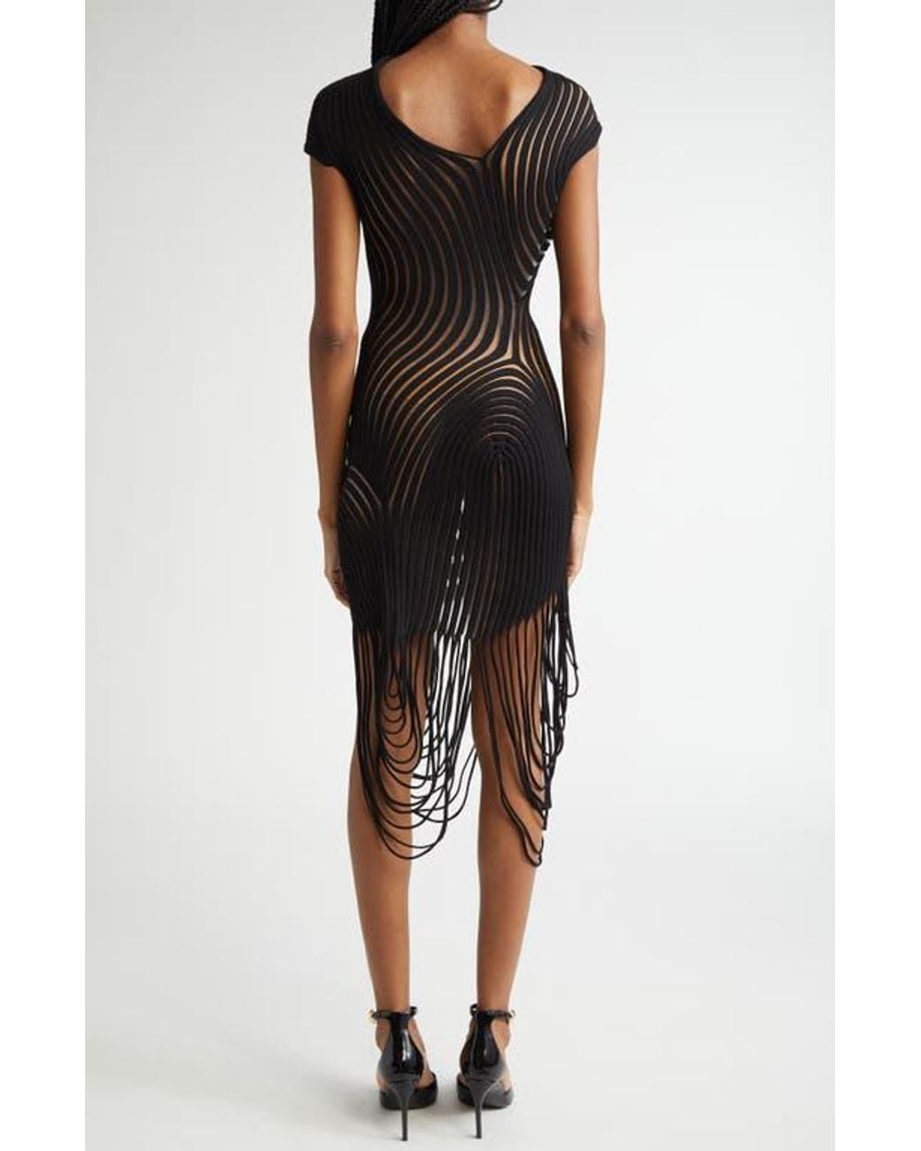 Ferragamo Transparent Rib Fringe Body-Con Dress in Black | Lyst