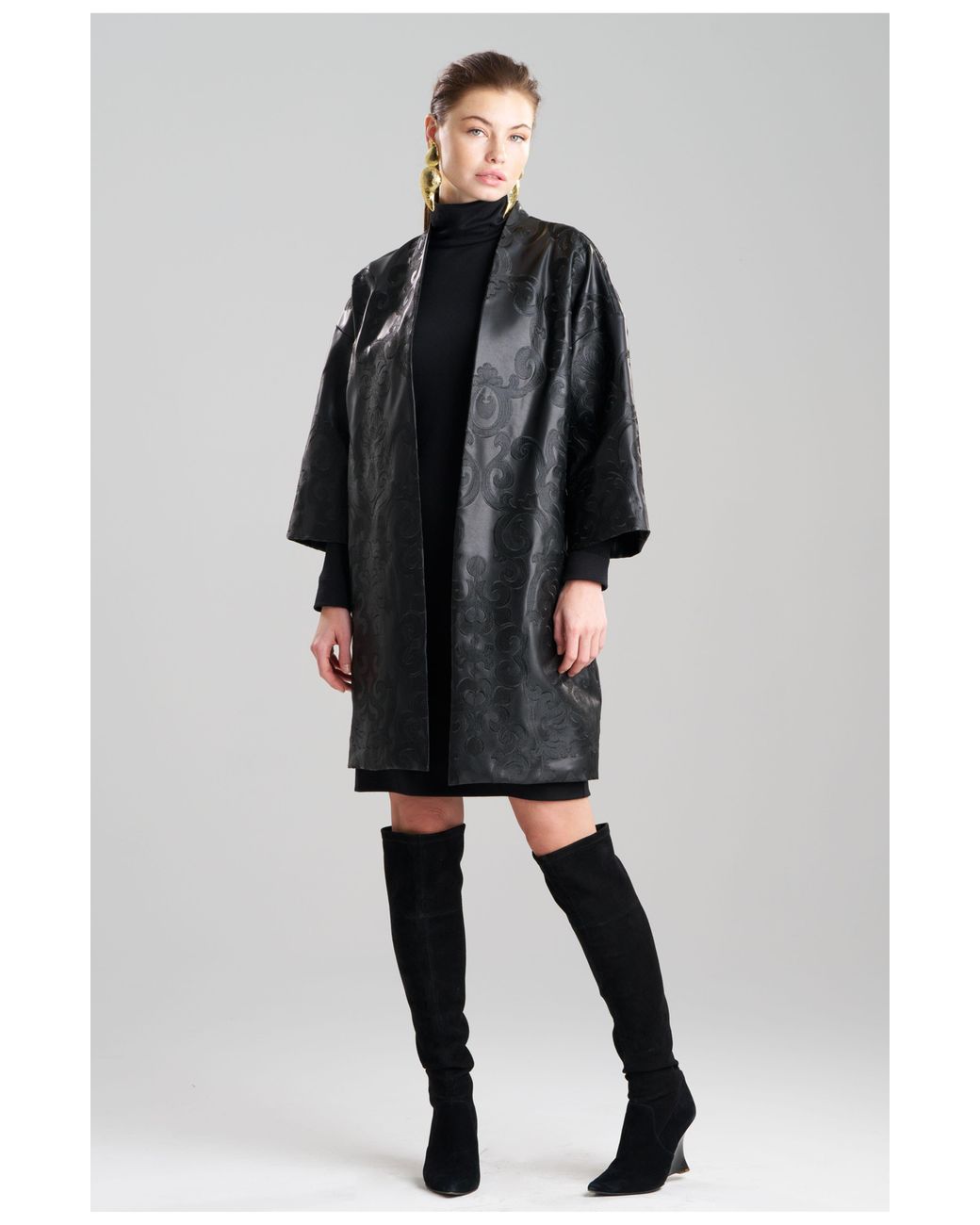 Natori Black Leticia Embroidered Faux Leather Coat